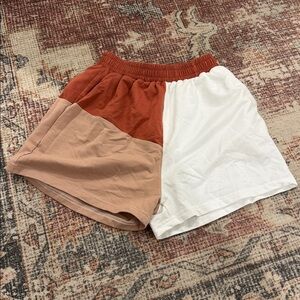 Patternblock High-Waisted Cotton Shorts, Burnt Orange / Tan / White, Size Small